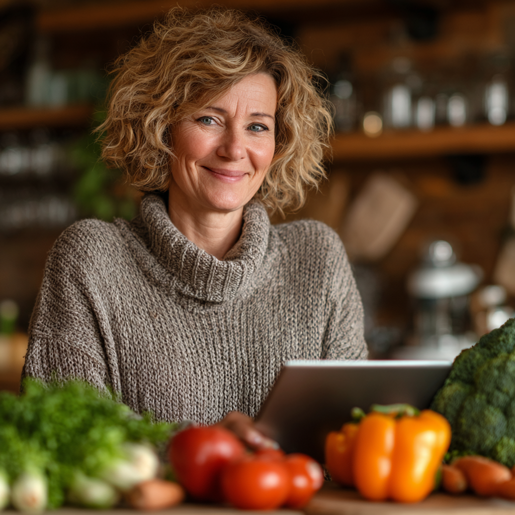 Жінка 55 років обирає цілі харчування на планшеті